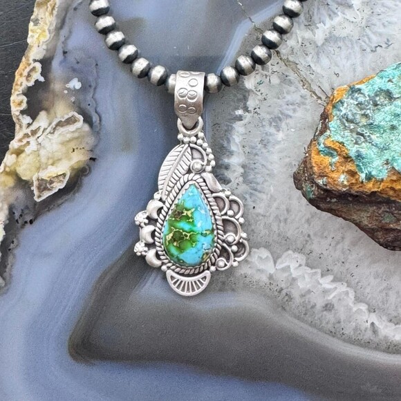 Sterling Southwestern Style Teardrop Sonora Gold Turquoise Decorated Pendant - Picture 2 of 10